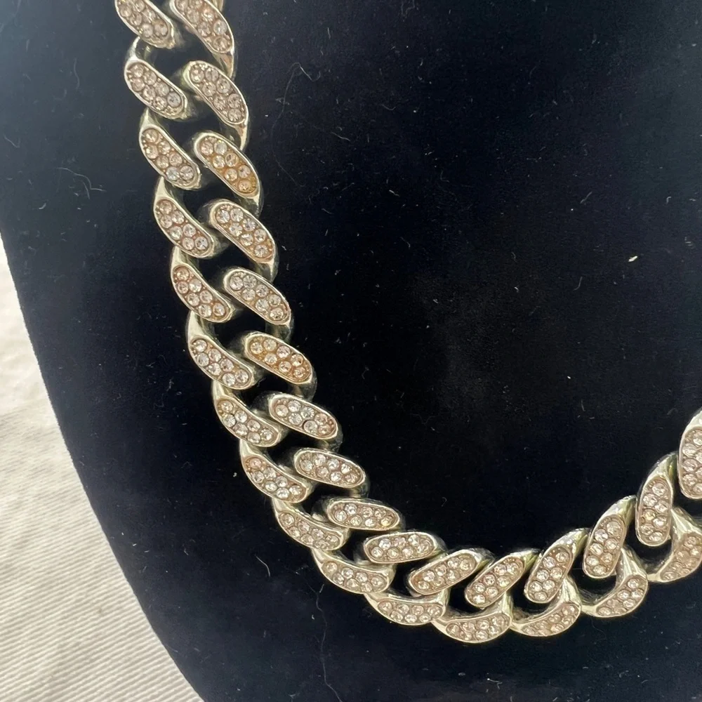 Miami Cuban Link Silver tone with rhinestones Necklace.